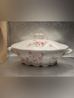 Weimar Germany Antique Porcelain Victorian Oval Serving Dish with Lid Pink Roses